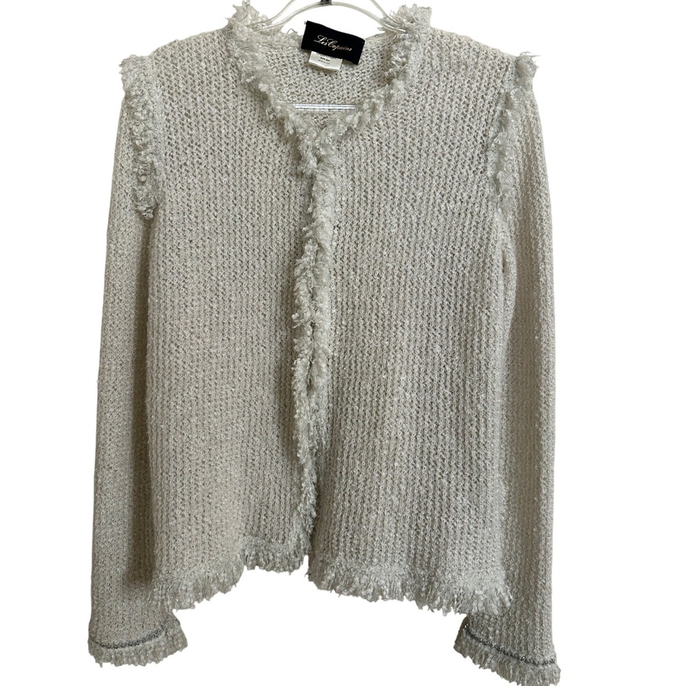 Les Copains Cream Fringed Metallic Boucle Open Front Knit Jacket Cardigan M